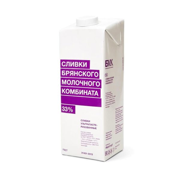 Сливки "БМК" натуральные у/п 33% 1000 г