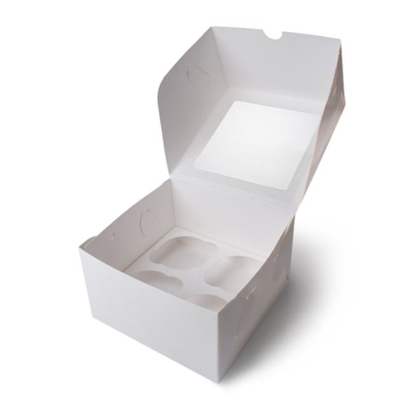 Коробка на 4 капкейка БЕЛАЯ с ПРЯМОУГОЛЬНЫМ ОКНОМ